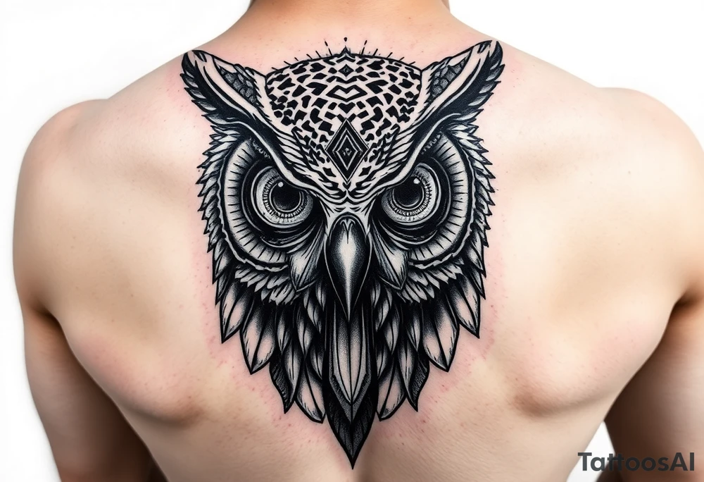 Owl head with large intense tripping on acid colored eyes with cyberpunk style  and geometry tattoo idea