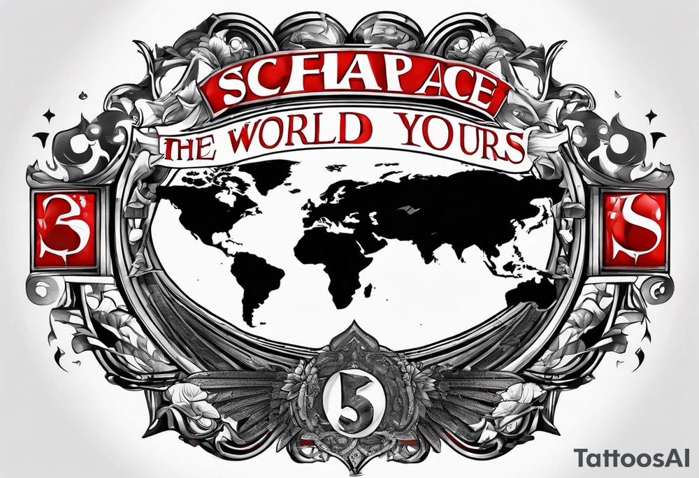 The world is yours from scarface movie with red letters 3d tattoo idea