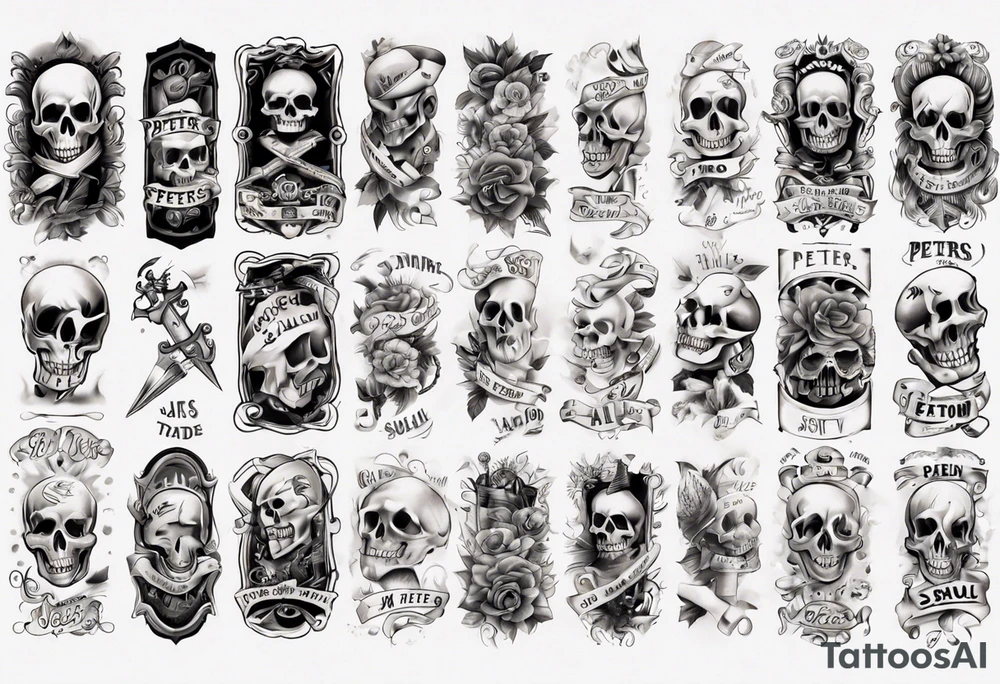 men’s arm sleeve, the name Peters, jack of all trades, no skull tattoo idea