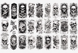 men’s arm sleeve, the name Peters, jack of all trades, no skull tattoo idea