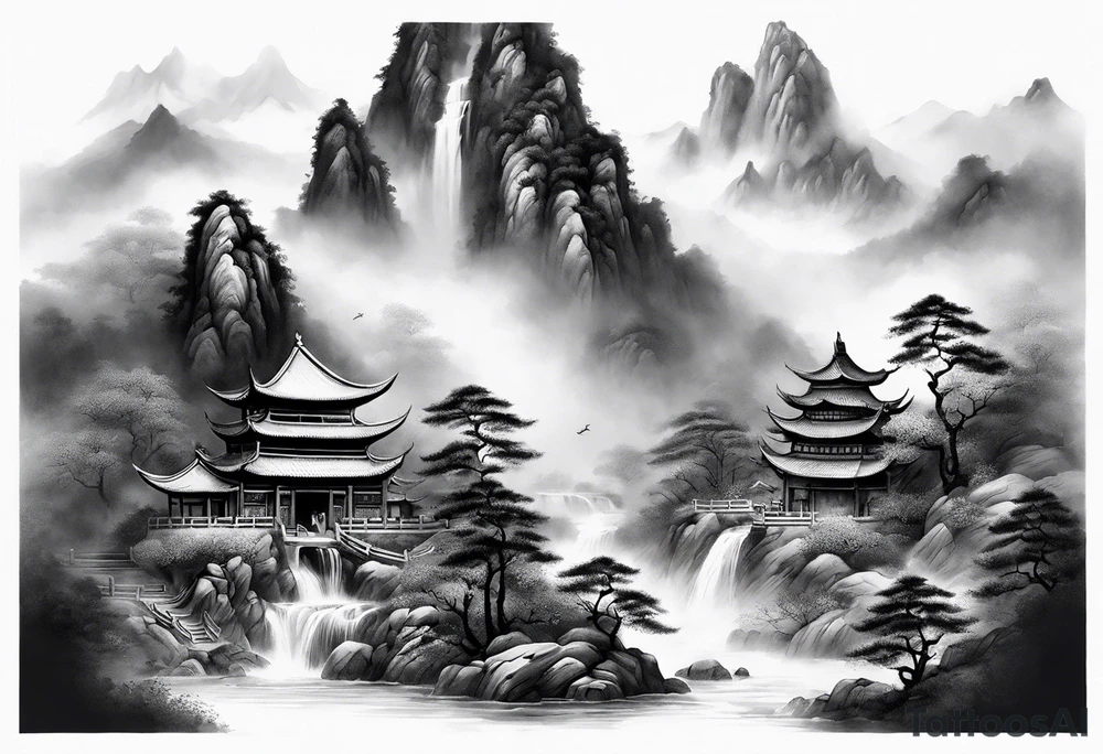 forearm sleeve traditional chinese art painting style mountains mist fog waterfall Chinese temple two old men wearing robes and drinking tea tattoo idea