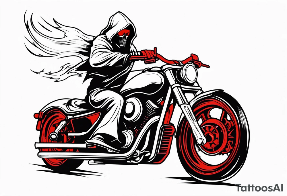 Grim Reaper on adventure motorcycle
on fire with red glowing eyes tattoo idea