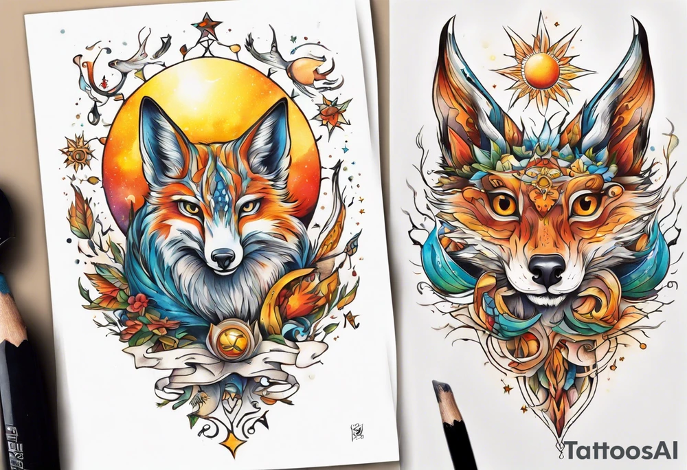 fisch, fuchs und eule , symetrie  sonne, universum, bunt, " sapere aude" tattoo idea