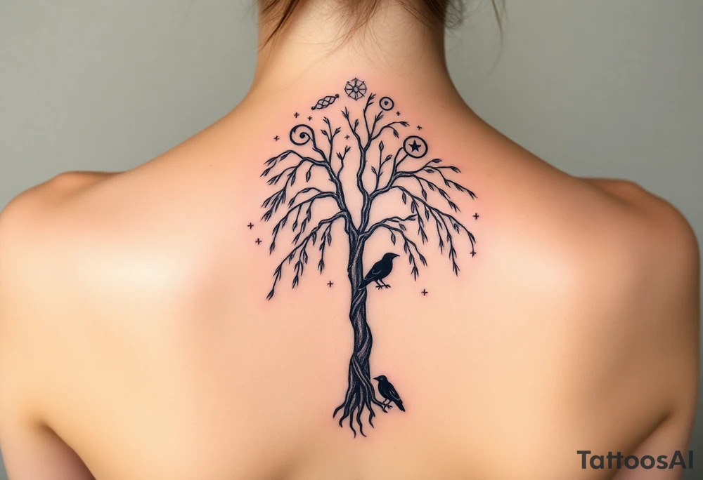 Weeping willow with starry sky background with zodiac constellations in it with runes and ravens tattoo idea