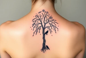 Weeping willow with starry sky background with zodiac constellations in it with runes and ravens tattoo idea