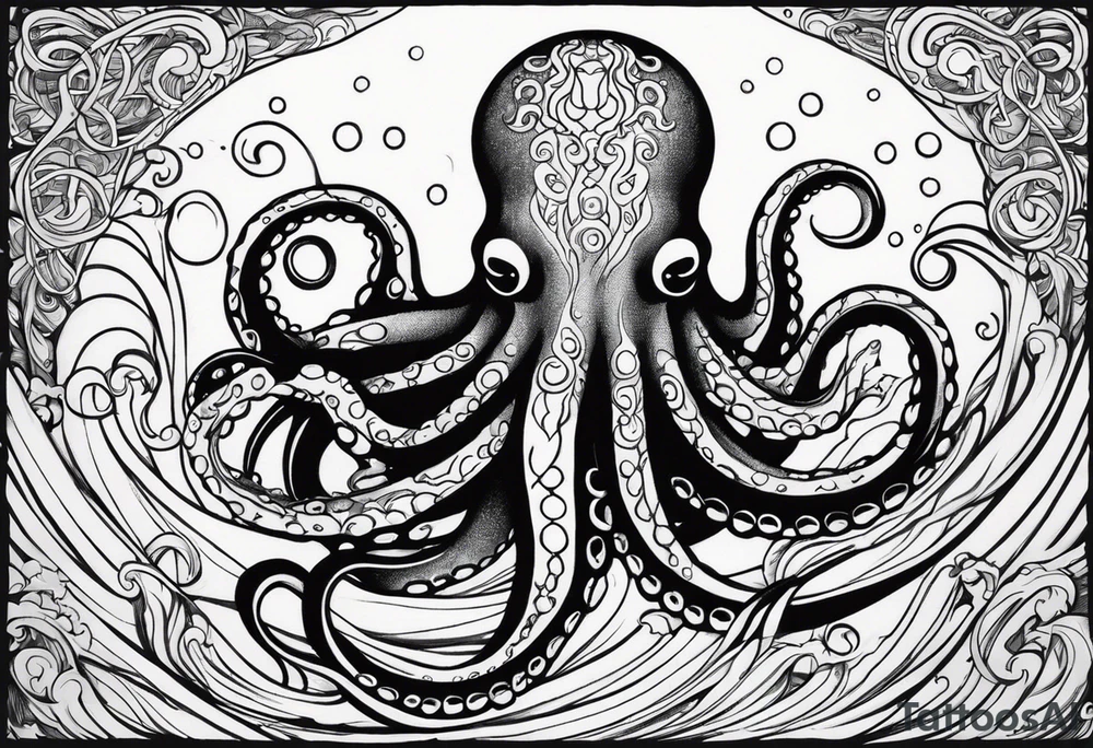 Tribal half sleeve. octopus surrounded by ribbons of water waves filled with fish. the octopus has no eyes. Use thick lines only with less detail. tattoo idea