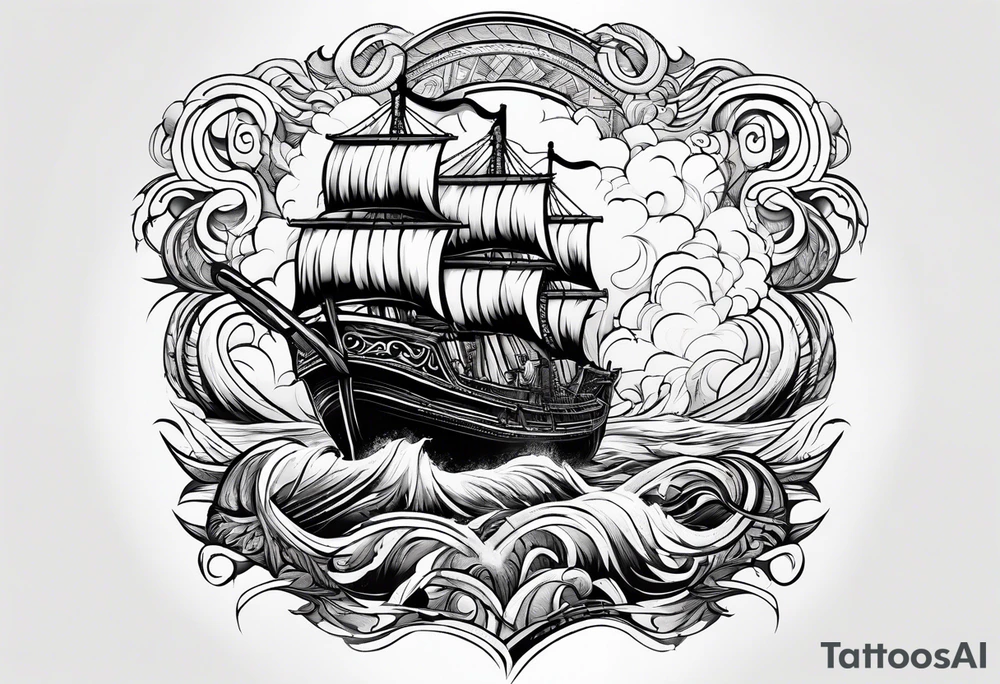 mammoth tribal on right chest going into a storm cloud thats on the arm awith a ship below tattoo idea
