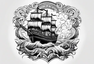 mammoth tribal on right chest going into a storm cloud thats on the arm awith a ship below tattoo idea