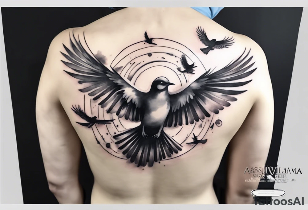 shoulder tattoo with light rays with birds flying free among the clouds, round shape, 3d effect tattoo idea