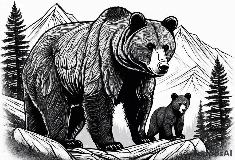 mamma bear and cub with mountains tattoo idea