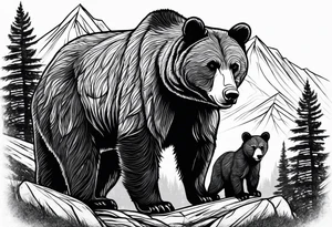 mamma bear and cub with mountains tattoo idea