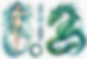 a blue-green Naiad next to a sea serpent tattoo idea