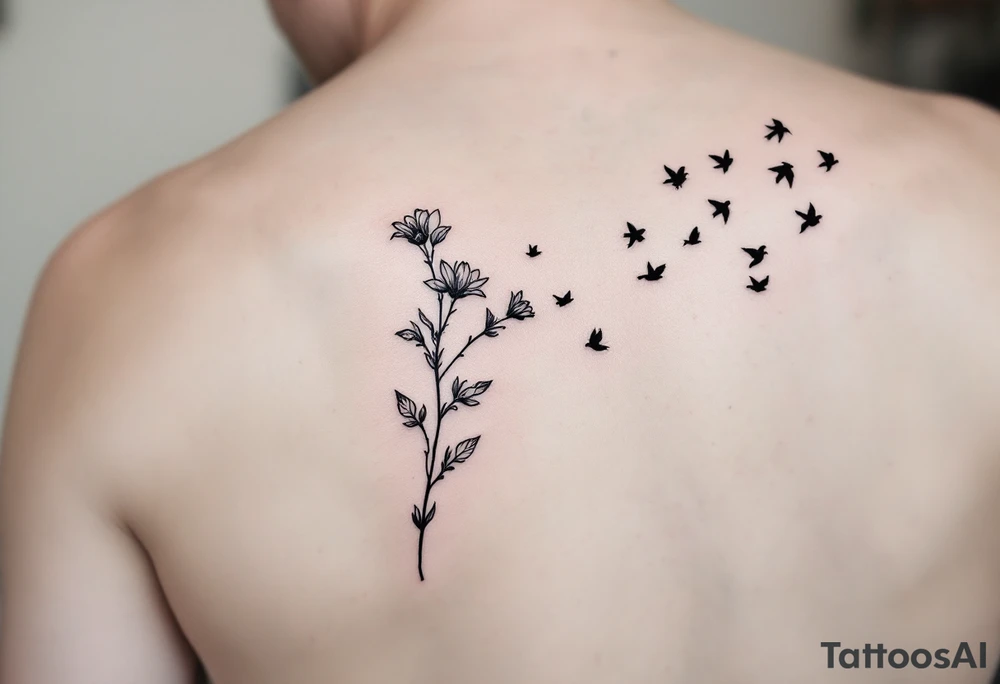 A wood violet blowing in the wind with pedals floating away turning into birds tattoo idea