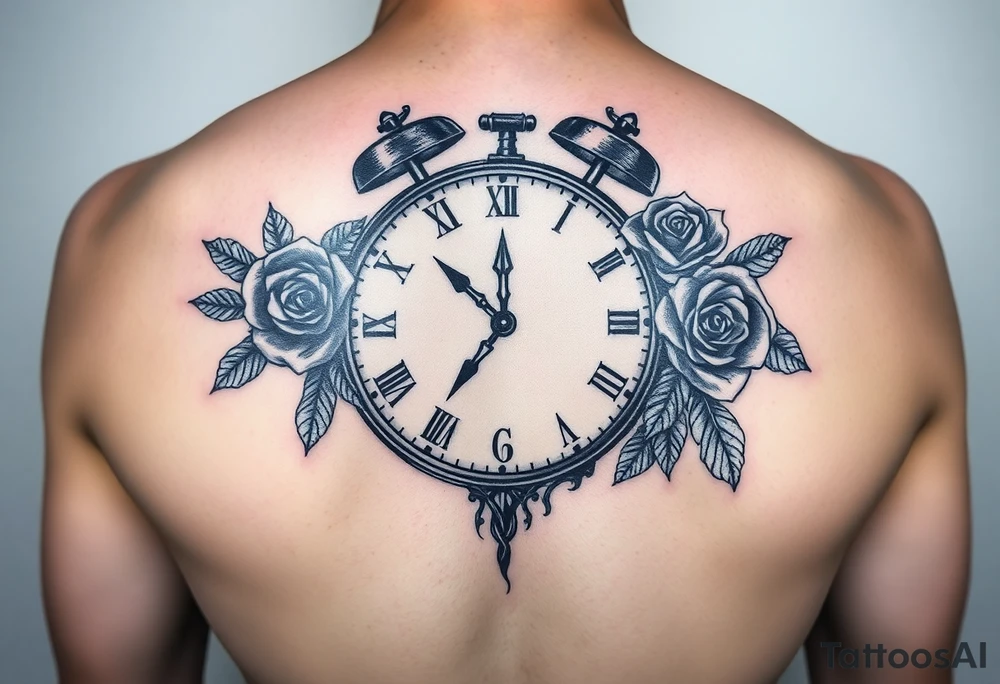 Broken Clock face 11:43 as set time. With roses and skull looking to the clock tattoo idea