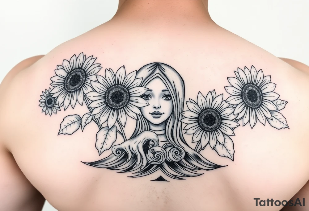 Sunflowers emerging from ocean with faceless girl tattoo idea