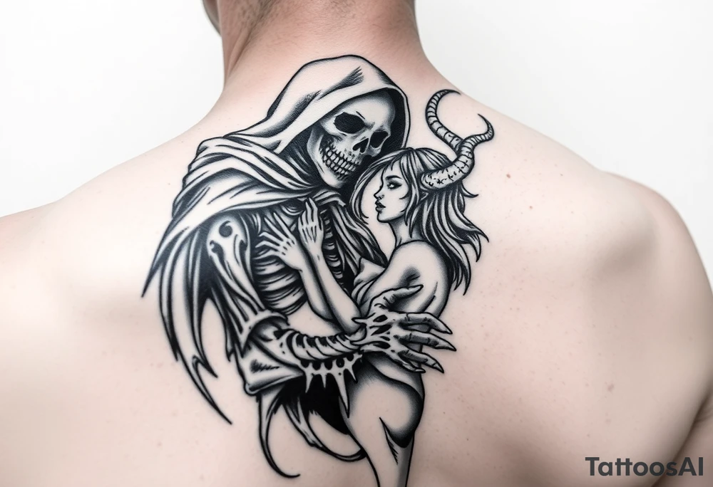 Grim reaper in love with sexy female demon tattoo idea