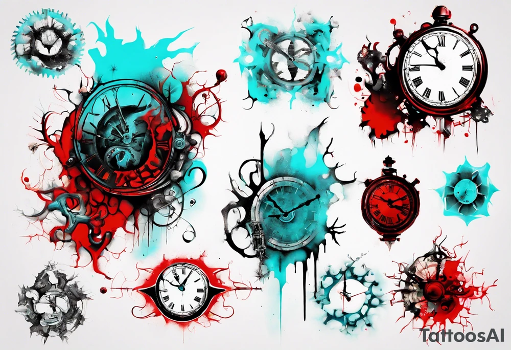 Xoil and Banksy art style, old clock, abstract,  cyan and red, acquarel, fractal, science, chaos, entropy,  cold tattoo idea