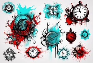 Xoil and Banksy art style, old clock, abstract,  cyan and red, acquarel, fractal, science, chaos, entropy,  cold tattoo idea