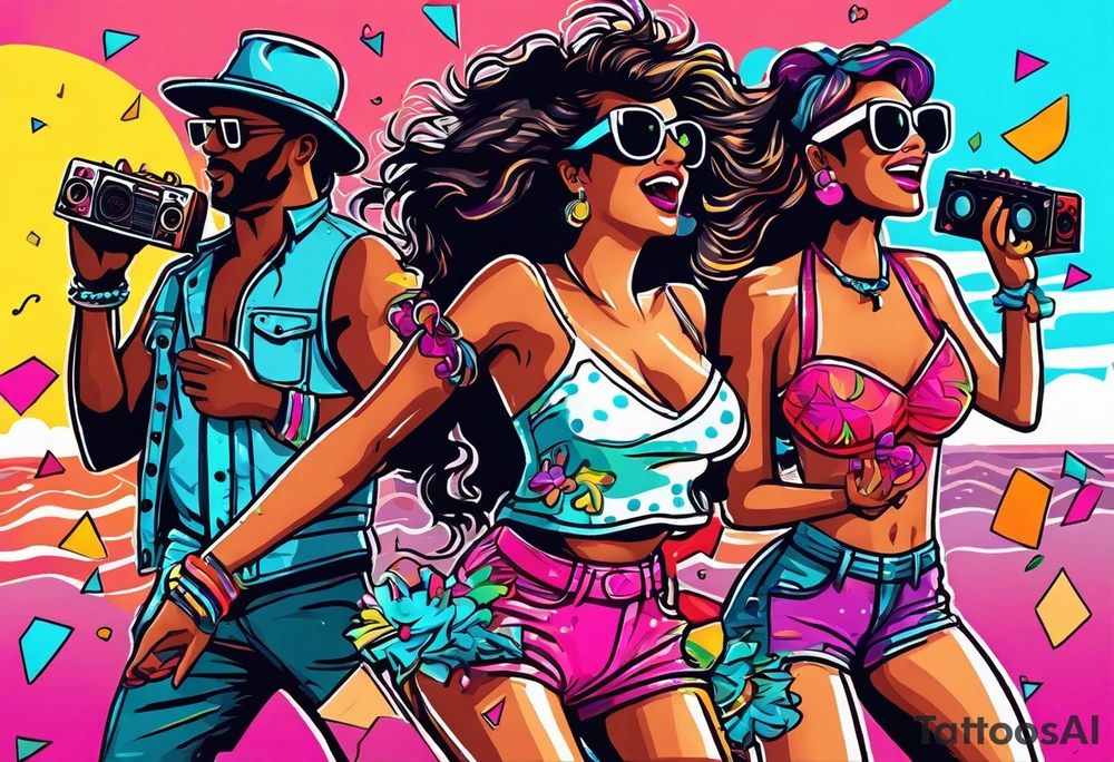 1980's style dance party with boom box and confetti in a beach theme. include people in 80's miami beach clothes, music note. tattoo idea