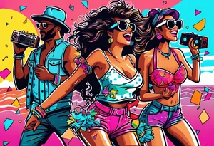 1980's style dance party with boom box and confetti in a beach theme. include people in 80's miami beach clothes, music note. tattoo idea