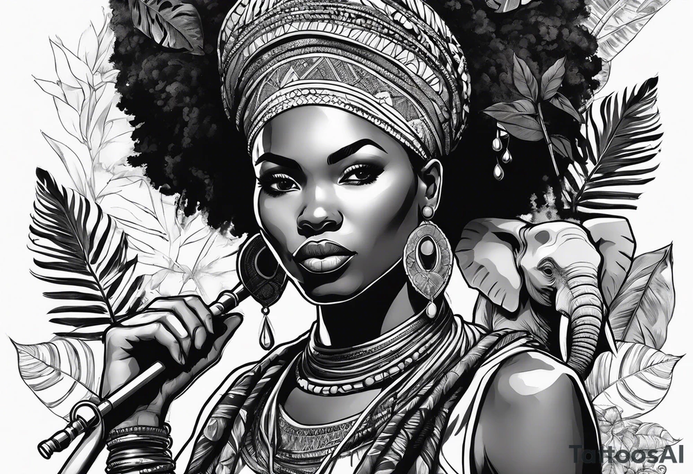 African woman warrior holding spear with deadlocks and earrings. With leafs and brids and Elephant in the background tattoo idea