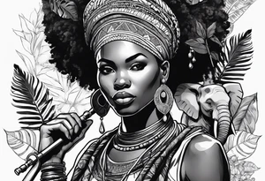 African woman warrior holding spear with deadlocks and earrings. With leafs and brids and Elephant in the background tattoo idea