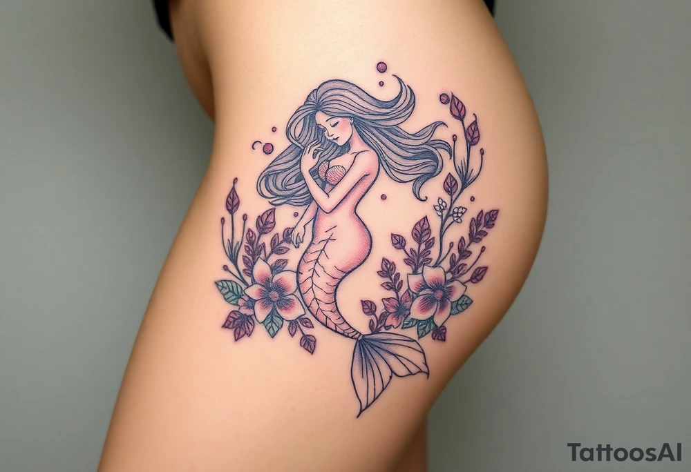 ethereal mermaid with flowing hair among coral and sea flowers tattoo idea