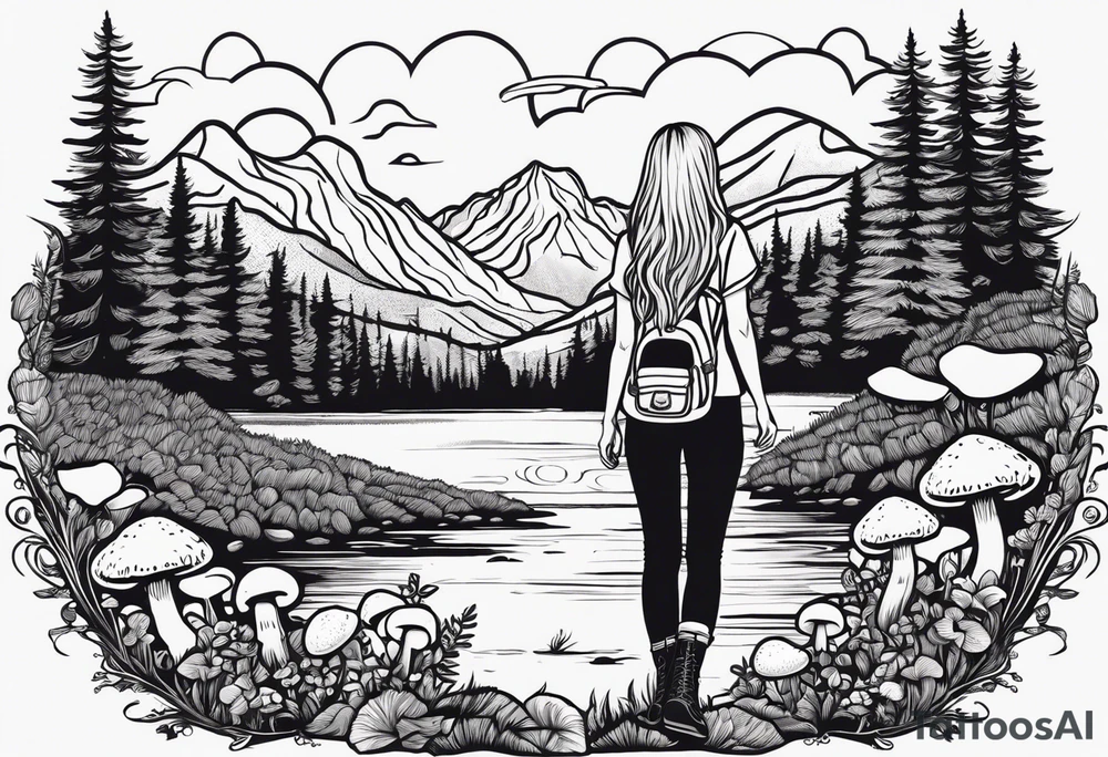 Whole picture within a circle Straight long blonde hair hippie girl in distance holding mushrooms in hand facing away toward mountains and creek surrounded by mushrooms tee shirt hiking pants hiking boots tattoo idea