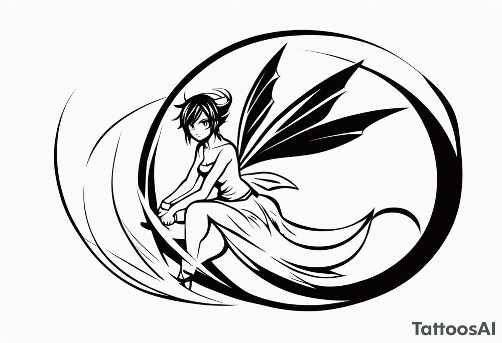 No color fairy with a tail inspired by the logo of the anime show called Fairy Tail in a fetal position leaning in and forward in the air flying tattoo idea