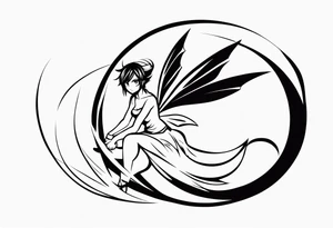 No color fairy with a tail inspired by the logo of the anime show called Fairy Tail in a fetal position leaning in and forward in the air flying tattoo idea