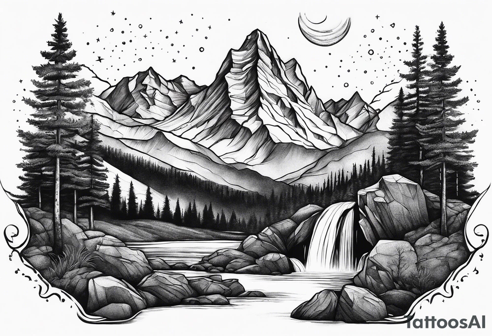 mountains, nature, stars, cross, waterfall, water tattoo idea