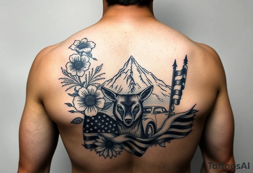 vintage bouquet of flowers , deer prints, river flower through a mountain with green eyes in it American flag wrapped around arm vintage car parts incorporated tattoo idea