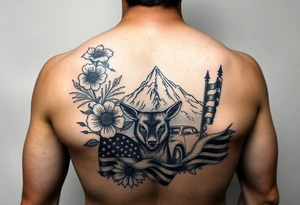 vintage bouquet of flowers , deer prints, river flower through a mountain with green eyes in it American flag wrapped around arm vintage car parts incorporated tattoo idea