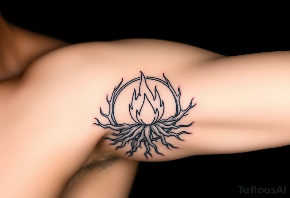 a round flame imprisoned in a roots circle tattoo idea