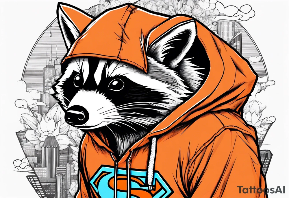 Raccoon wearing an orange Superman hoodie tattoo idea