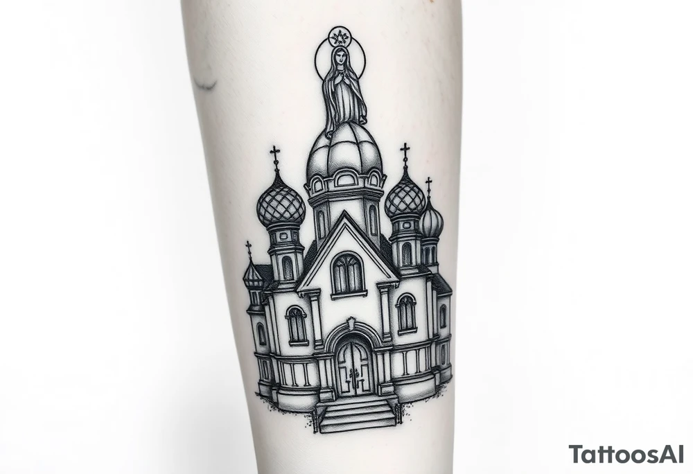in a dorsal view a detailed medium sized country style orthodox church with onion domes and a band at the front with mist shrouding the top and fading into a virgin mary overlooking above at the top tattoo idea