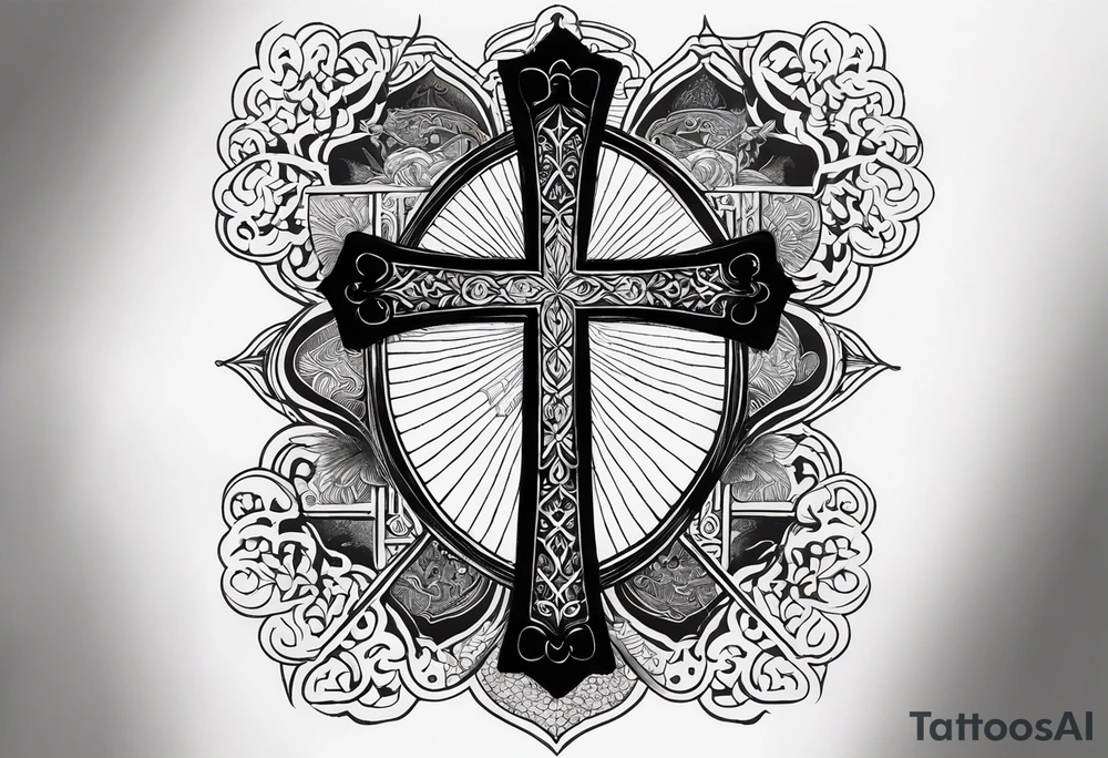 Forearm tattoo cross with rays of sun and
 a Bible verse Jeremiah 29:11 tattoo idea