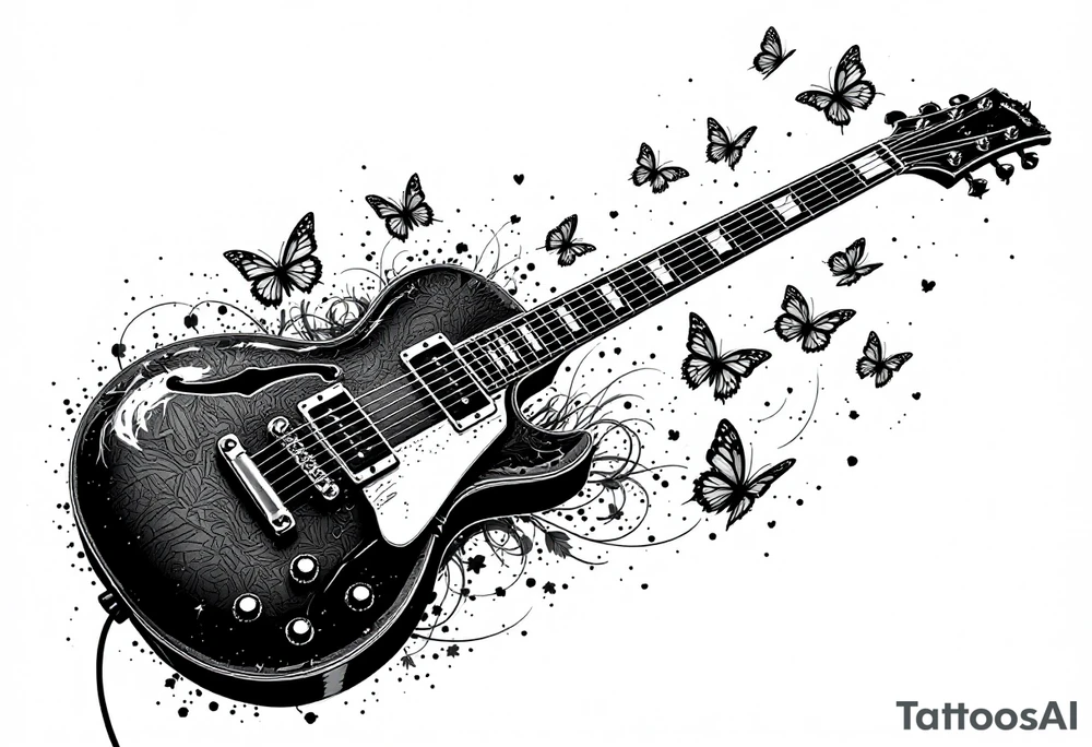 An electric guitar plugged into an amp with 5 butterflies flying around tattoo idea