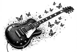 An electric guitar plugged into an amp with 5 butterflies flying around tattoo idea