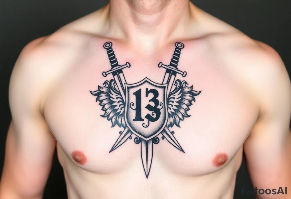 The Number 13, The Toledo Mudhens Baseball Team, And Demonic And Midevel dagger Featurs Made Into A Big Family Crest from Ireland tattoo idea