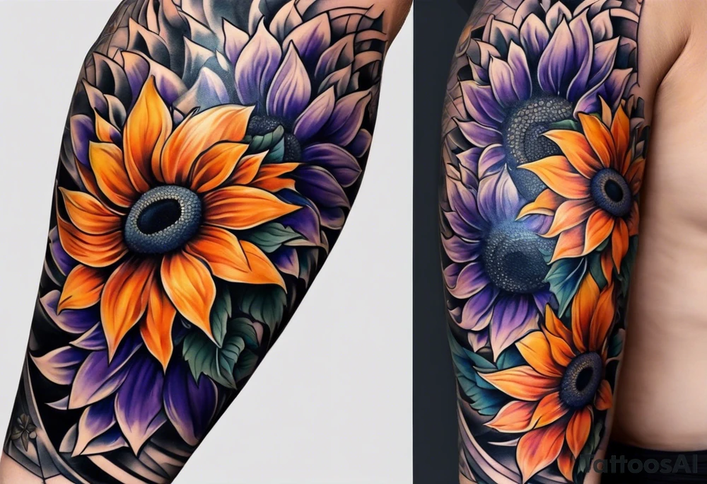 Full arm sleeve with purple, orange and blue sunflowers tattoo idea