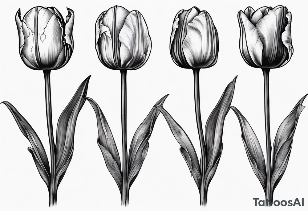 bunch of three tulips, one tulip with decay, one perfect tulip and one closed tulip, stem reflecting symbol of russian orthodox cross tattoo idea