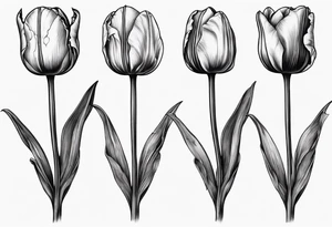 bunch of three tulips, one tulip with decay, one perfect tulip and one closed tulip, stem reflecting symbol of russian orthodox cross tattoo idea