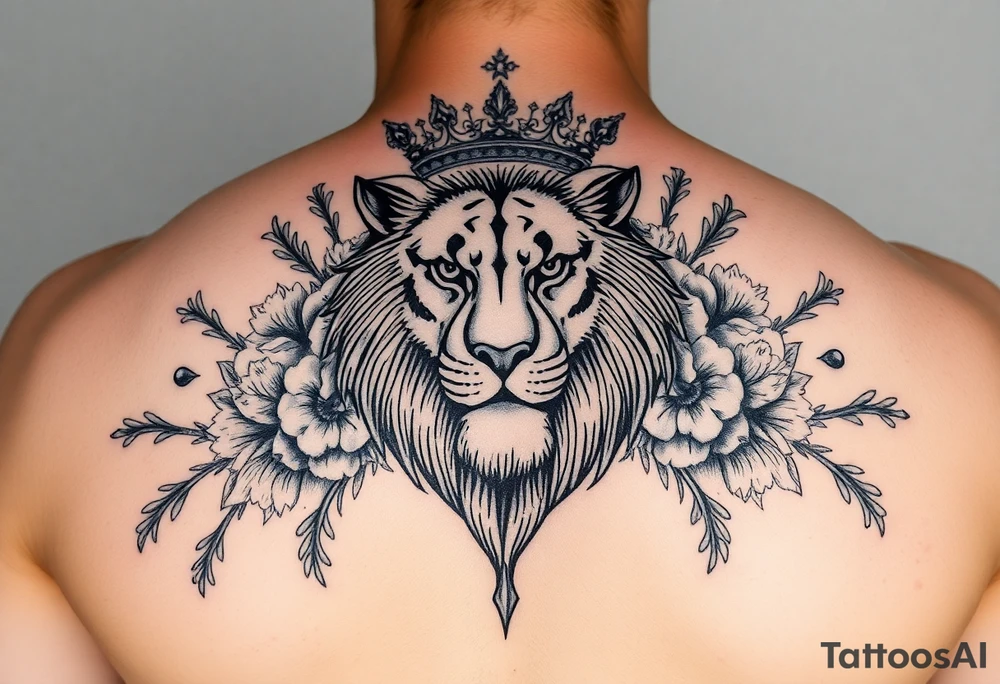 powerful majestic lion with a crown, surrounded by floral ornaments and birds tattoo idea