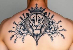 powerful majestic lion with a crown, surrounded by floral ornaments and birds tattoo idea