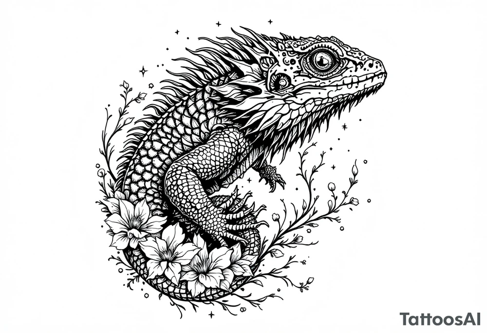powerful majestic lizard, surrounded by floral ornaments tattoo idea