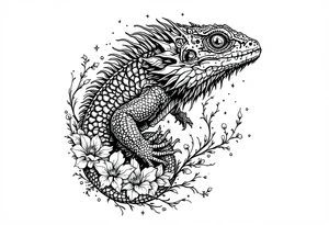 powerful majestic lizard, surrounded by floral ornaments tattoo idea