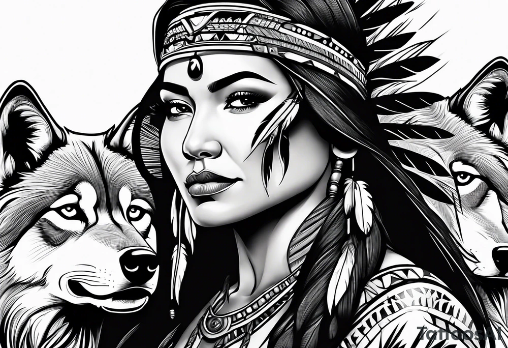 Native American woman chief with wolf tattoo idea
