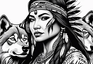 Native American woman chief with wolf tattoo idea
