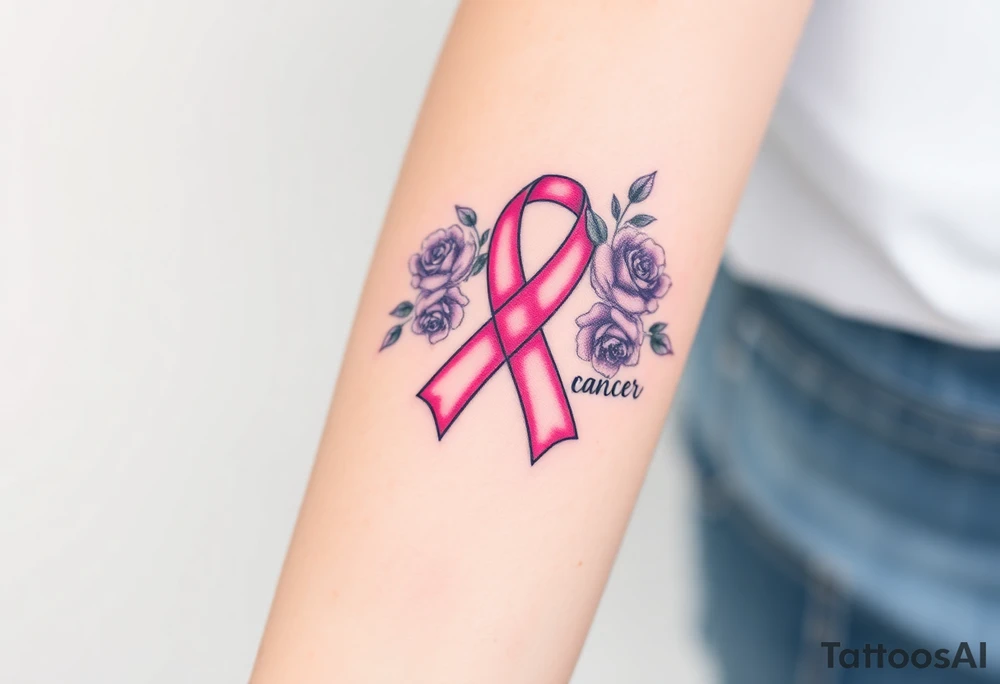 Pretty pink Cancer ribbon that says "fuck cancer"with purple roses tattoo idea